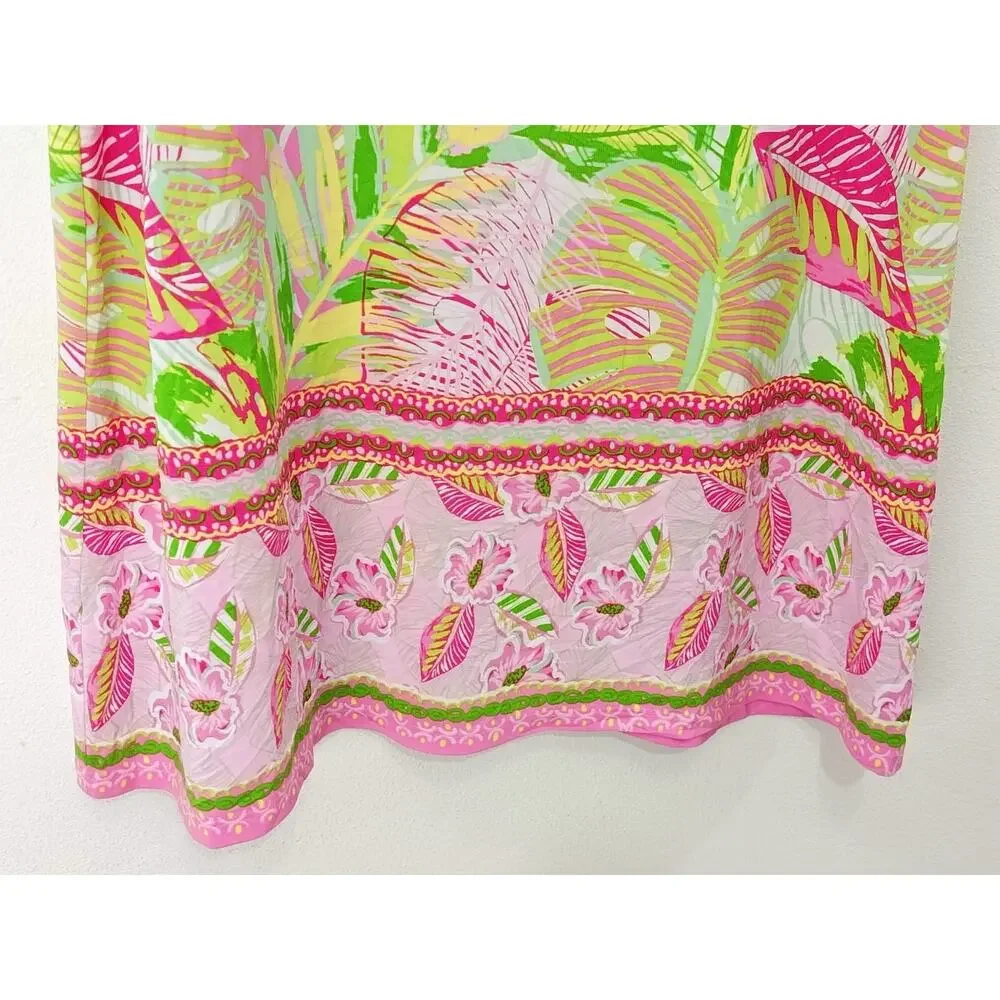 Pappagallo Women’s Oasis Shift Dress Flutter Sleeve Pink Green Tropical Beach L